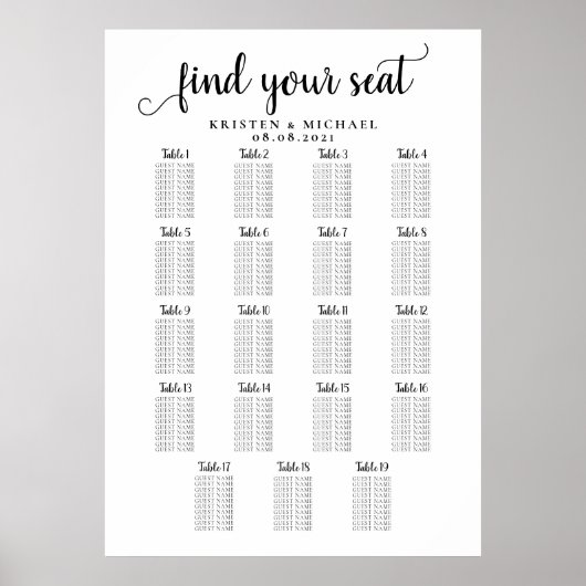 19大テーブル結婚のゲスト座席表 ポスター (正面)