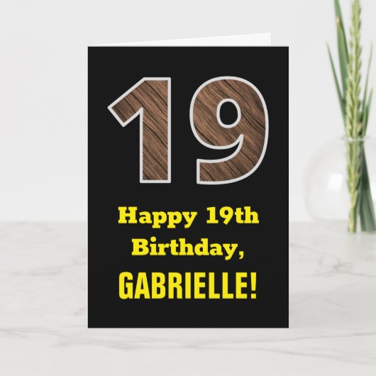 19歳の誕生日おめでとう 名前、模擬ウッドグレイン パターン "19" カード (正面)