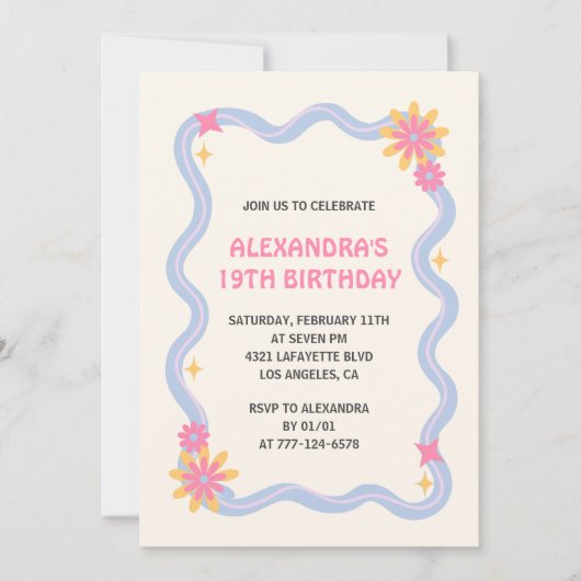 19歳の誕生日の招待レトロGroovyピンクの花 招待状 (正面)
