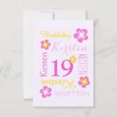 19歳の誕生日の花グラフィックイエローピンクのサプライズ 招待状 (正面)