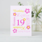 19歳の誕生日の花グラフィックイエローピンクのサプライズ 招待状 (スタンド正面)