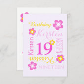 19歳の誕生日の花グラフィックイエローピンクのサプライズ 招待状 (正面/裏面)