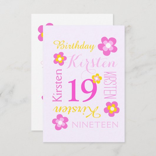 19歳の誕生日の花グラフィックイエローピンクのサプライズ 招待状 (正面/裏面)