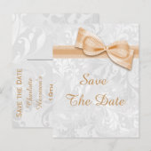 19歳の誕生日ダマスク柄とフェイクリボンのSave The Date 案内ポストカード (正面/裏面)