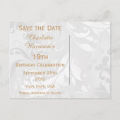 19歳の誕生日ダマスク柄とフェイクリボンのSave The Date 案内ポストカード (裏面)