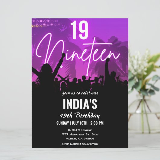 19歳の誕生日パーティー ピンクのネオン招待状 招待状 (スタンド正面)