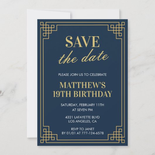 19歳の誕生日招待状メンズSave the date Navy 招待状 (正面)