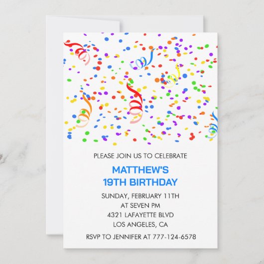 19歳の誕生日招待状紙吹雪レインボーボーイ 招待状 (正面)