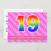 19歳の誕生日：ピンクのストライプとハート、虹19 ポストカード (正面/裏面)