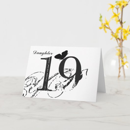 19歳の誕生日、娘、蝶、白黒。 カード (黄色い花)