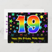 19歳の誕生日:楽しいスターパターン、虹19、名前 ポストカード (正面/裏面)