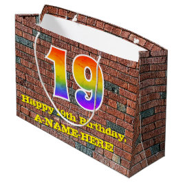 19歳の誕生日：楽しい、落書き風の虹 #19 ラージペーパーバッグ