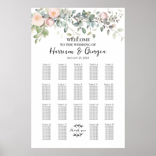 19表の緑とバラ結婚の座席表 ポスター (正面)