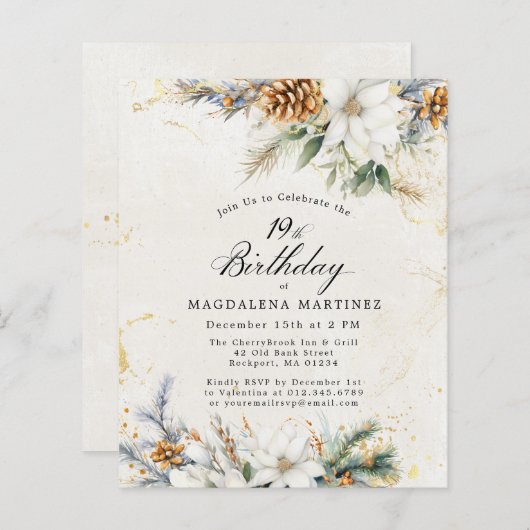 19誕生日ウィンターホワイトフローラ招待状 (正面/裏面)