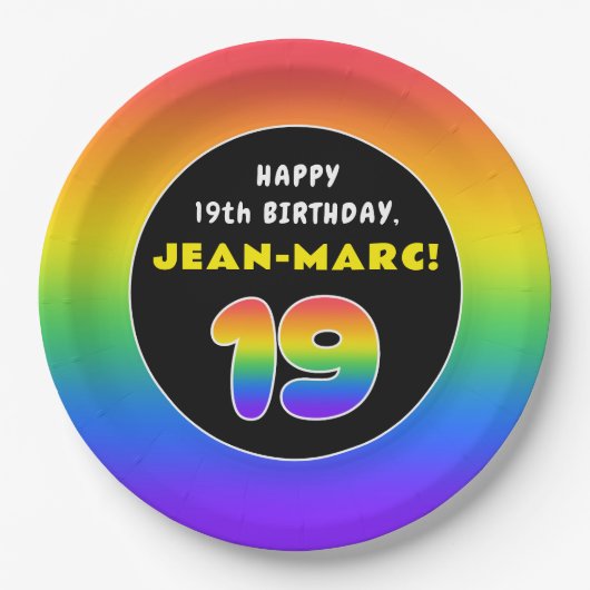 19誕生日カラフル:レインボー# 19,名前をカスタムする ペーパープレート (正面)