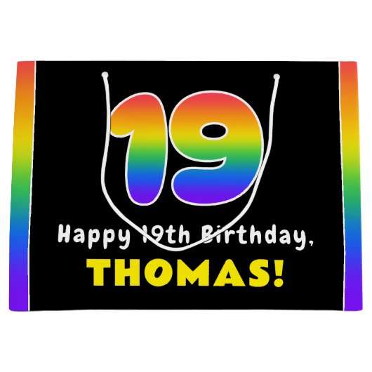 19誕生日カラフル:レインボー# 19,名前をカスタムする ラージペーパーバッグ (正面)