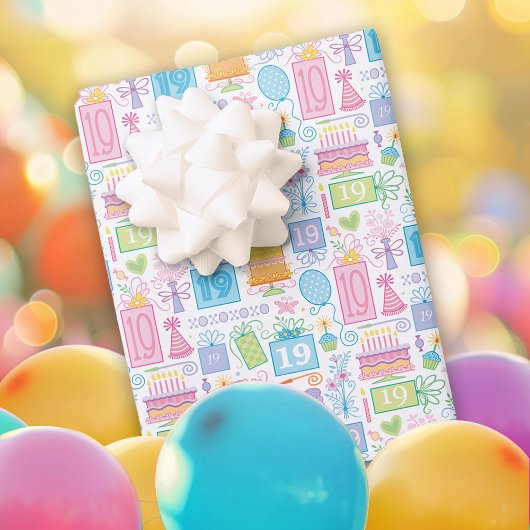 19誕生日パステルピンクケーキプレゼントバルーン ラッピングペーパーシート