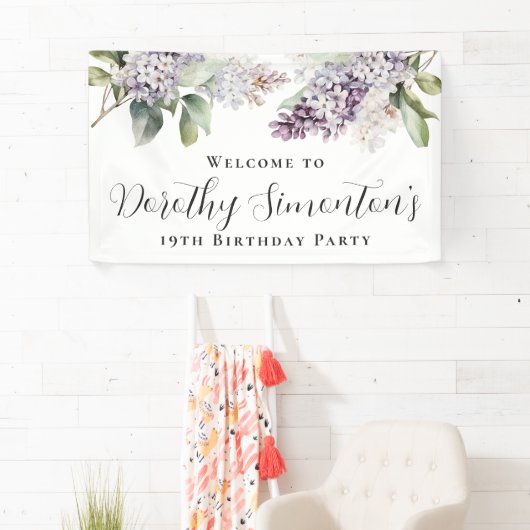19誕生日パープル薄紫春フラワーウェルカム 横断幕 (インサイチュ)
