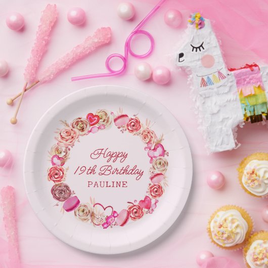 19誕生日ピンクローズ渦巻形のハート ペーパープレート (パーティー)