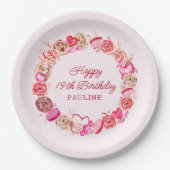 19誕生日ピンクローズ渦巻形のハート ペーパープレート (正面)