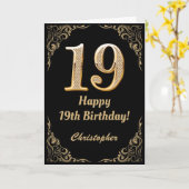 19誕生日ブラックおよび金ゴールドグリッターフレーム カード (黄色い花)