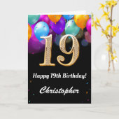 19誕生日ブラックと金ゴールドの吹きカラフル出し カード (黄色い花)