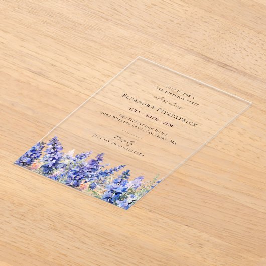 19誕生日ブルーラークスパー7月誕生花 アクリル招待状 (レイダウン)