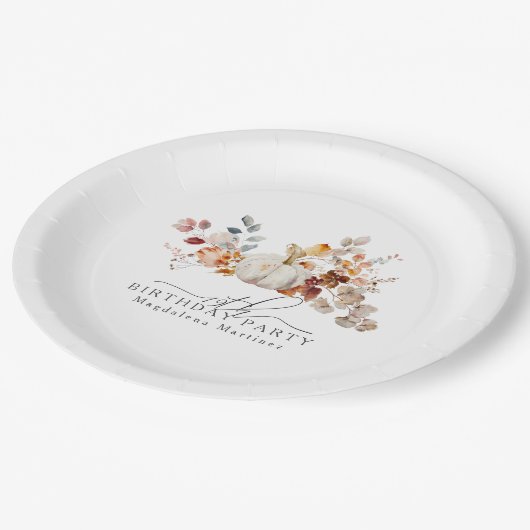 19誕生日ホワイトカボチャ秋花カスタム咲き ペーパープレート (アングル)