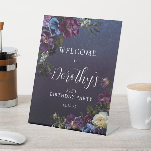 19誕生日ムーディパープル花カスタム歓迎 台座サイン (インサイチュ)