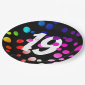 19誕生日レインボンドットオンブラック ペーパープレート (アングル)