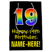19誕生日:おもしろいはっきりした、カラフルレインボー「19」 ミディアムペーパーバッグ (正面)