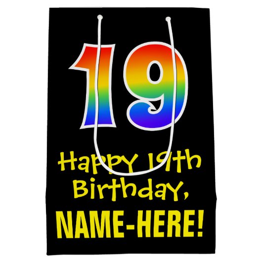 19誕生日:おもしろいはっきりした、カラフルレインボー「19」 ミディアムペーパーバッグ (裏面)