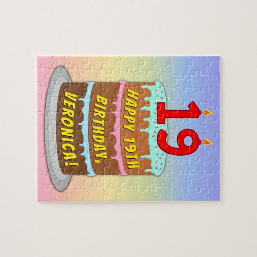 19誕生日:おもしろいケーキとキャンドル+名前をカスタムする ジグソーパズル (横)