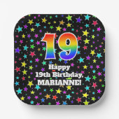 19誕生日:おもしろいスター柄と虹"19" ペーパープレート (正面)