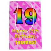 19誕生日:おもしろいピンクハートストライプ、レインボー19 ミディアムペーパーバッグ (正面)