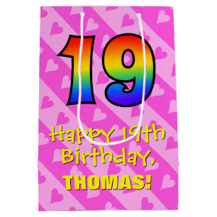19誕生日:おもしろいピンクハートストライプ、レインボー19 ミディアムペーパーバッグ