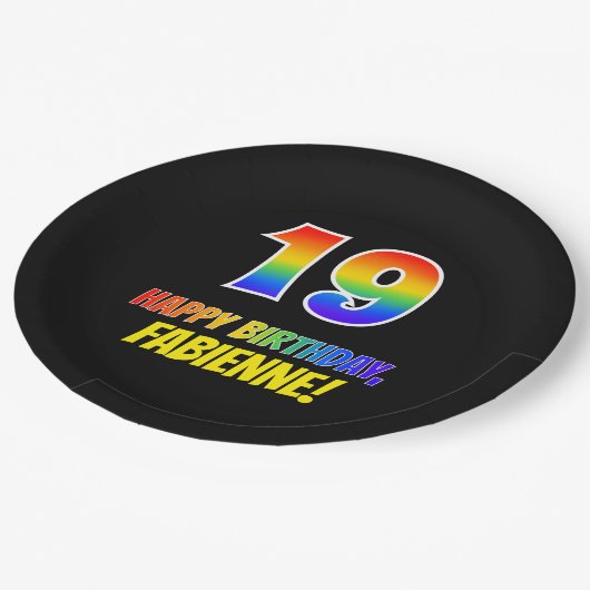 19誕生日:はっきりした,おもしろい,シンプル虹， 19 ペーパープレート (アングル)