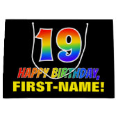 19誕生日:はっきりした,おもしろい,シンプル虹， 19 ラージペーパーバッグ (正面)