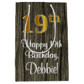 19誕生日:エレガントフェイク金ゴールドルック#,フェイク Wood ミディアムペーパーバッグ (正面)