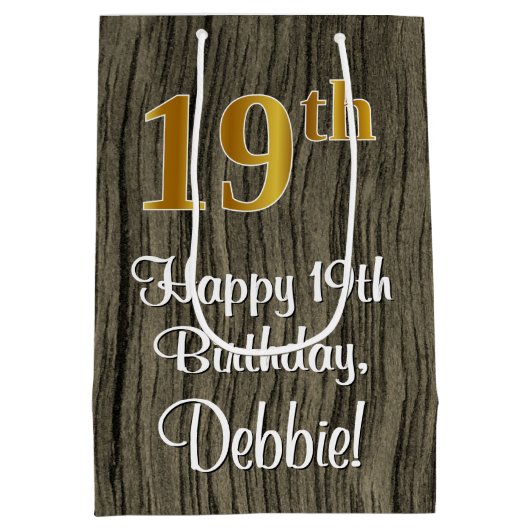 19誕生日:エレガントフェイク金ゴールドルック#,フェイク Wood ミディアムペーパーバッグ (裏面)