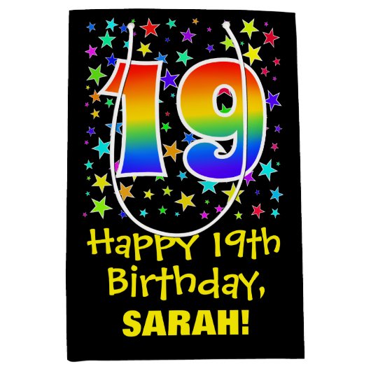 19誕生日:スターカラフルズパターン&レインボー19 ミディアムペーパーバッグ (正面)