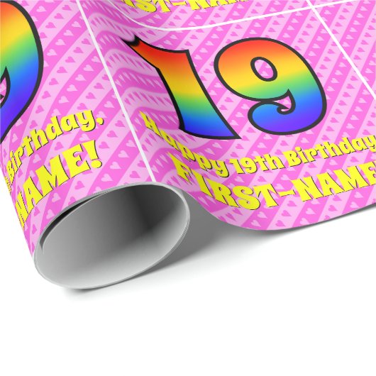 19誕生日:ピンクストライプのハート、レインボー# 19 ラッピングペーパー (ロールコーナー)