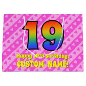 19誕生日：ピンクストライプのハート、レインボー# 19 ラージペーパーバッグ (正面)