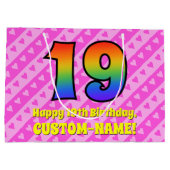 19誕生日：ピンクストライプのハート、レインボー# 19 ラージペーパーバッグ (裏面)