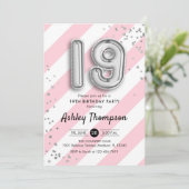 19誕生日 – ピンクストライプ色と銀の風船 招待状 (スタンド正面)