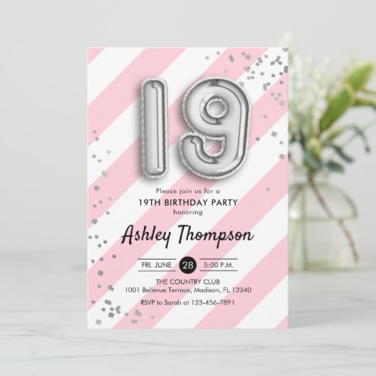 19誕生日 – ピンクストライプ色と銀の風船 招待状 (スタンド正面)