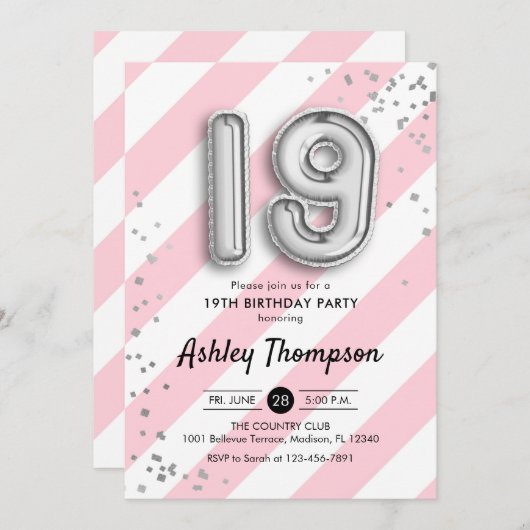 19誕生日 – ピンクストライプ色と銀の風船 招待状 (正面/裏面)