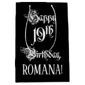 19誕生日:、ファンシースクリプエレガントト+名前をカスタムする ミディアムペーパーバッグ (正面)