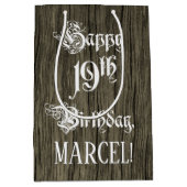 19誕生日: ファンシー, フェイク Wood Look +名前をカスタムする ミディアムペーパーバッグ (正面)