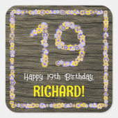 19誕生日:フローラ番号、フェイク木目、名前 スクエアシール (正面)